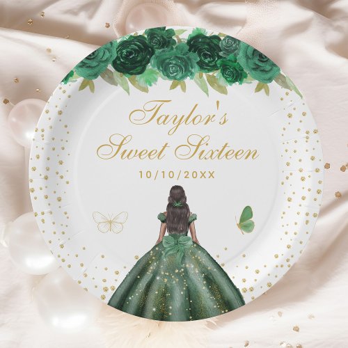 Green Floral Dark Skin Princess Sweet Sixteen Paper Plates