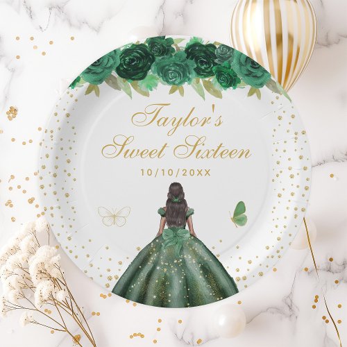 Green Floral Dark Skin Princess Sweet Sixteen Paper Plates