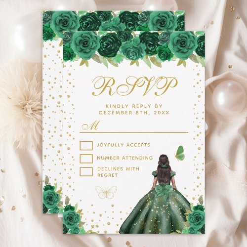 Green Floral Dark Skin Princess Sweet Sixteen RSVP Card