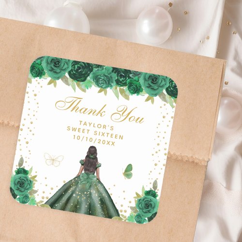 Green Floral Dark Skin Princess Sweet Sixteen Square Sticker