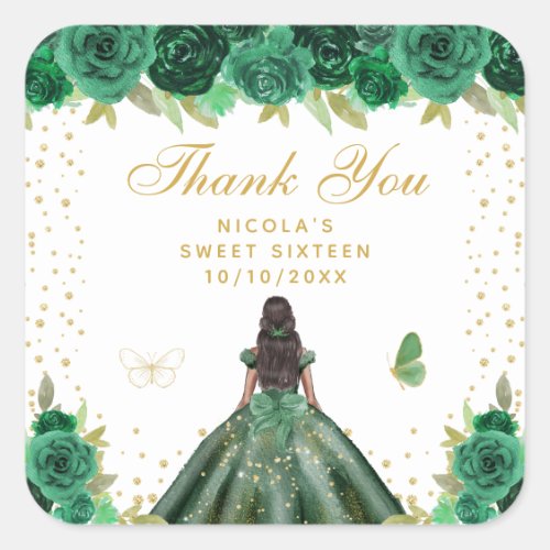 Green Floral Dark Skin Princess Sweet Sixteen Square Sticker