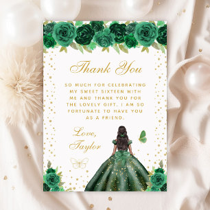 Green Floral Dark Skin Princess Sweet Sixteen Thank You Card