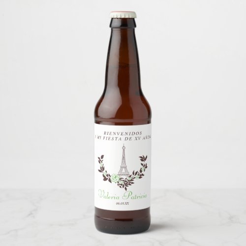 Green Floral Design Quinceaera with Eiffel Tower Beer Bottle Label