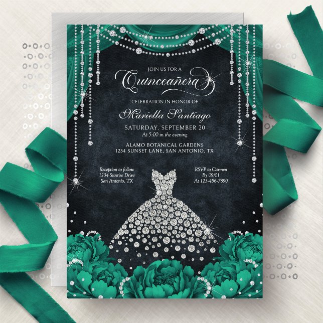 Green Floral Diamond Quinceanera Invitation (Creator Uploaded)