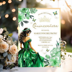 Green Floral Dress Butterfly Quinceañera Invitation
