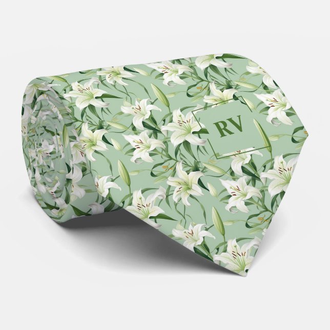Green Floral Easter Lily Neck Tie (Rolled)