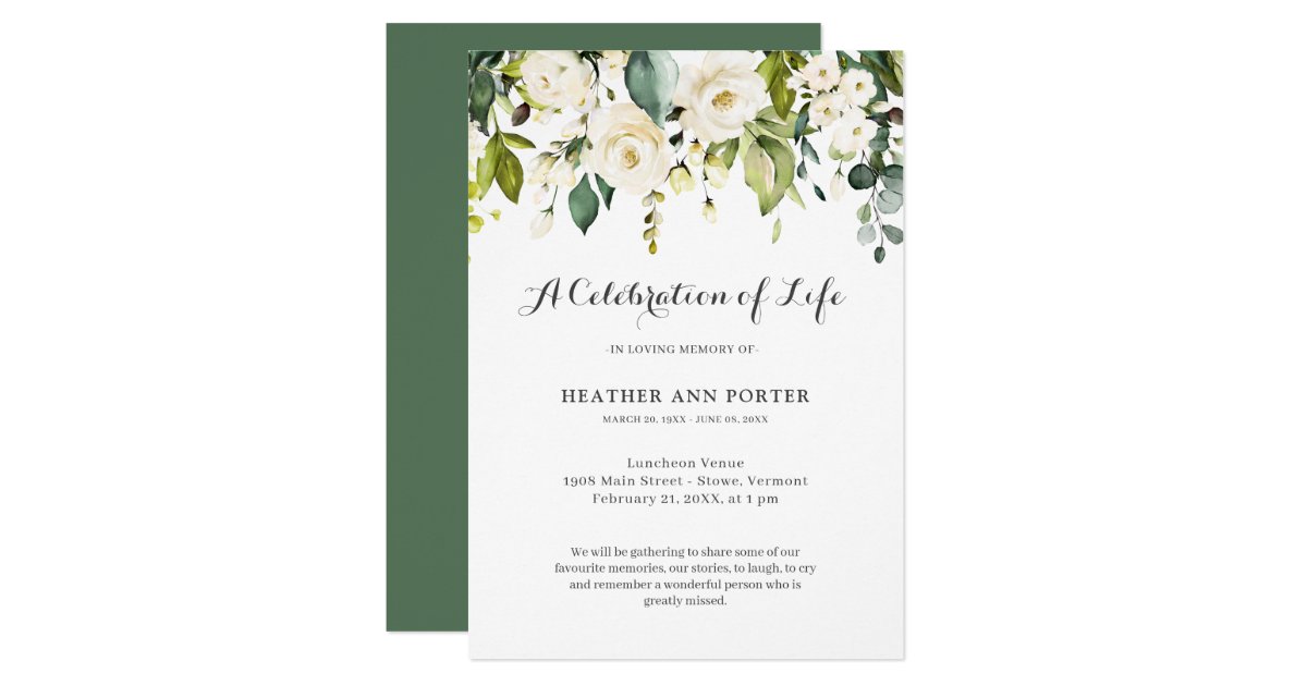 Green Floral Elegant Celebration Of Life Funeral Invitation Zazzle Com