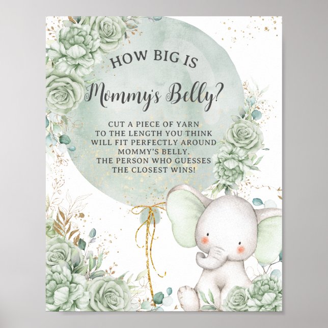 Green Floral Elephant How Big is Mommy's Belly Poster (Front)