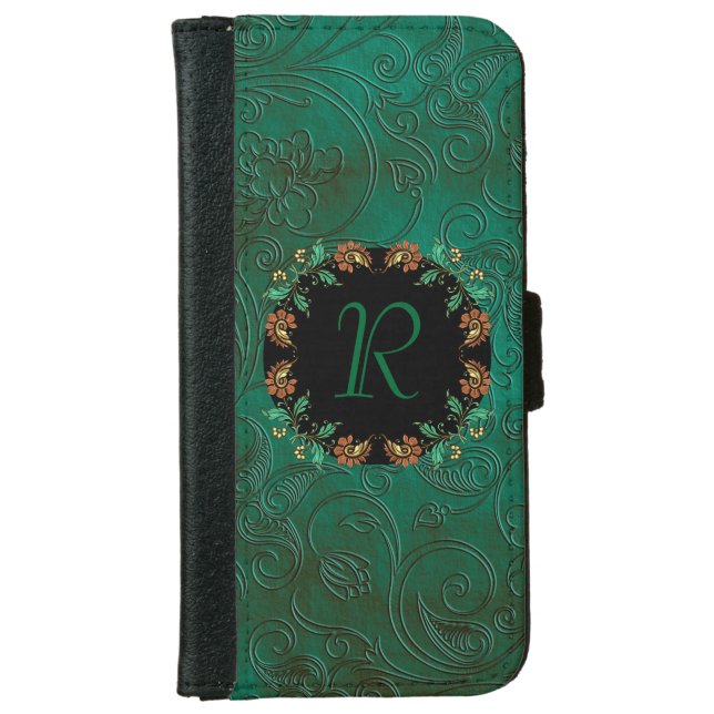 Green Floral Emossed Look iPhone 6 Wallet Case (Front)