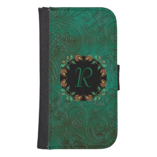 Green Floral Emossed Look Samsung S4 Wallet Case