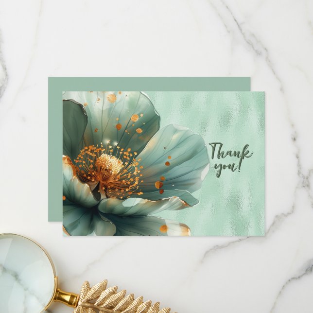 Green Floral Enlarged on Shiny Green Thank You Card (Front/Back In Situ)