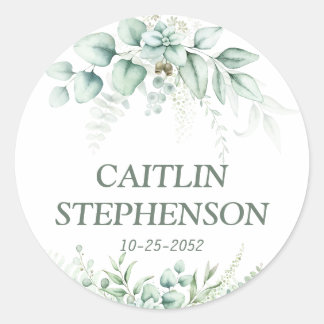 green floral Eucalyptus watercolor Wedding Classic Round Sticker