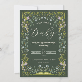 Green Floral Fairytale Book Baby Shower Invitation