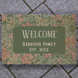 Green Floral Family Name Established Welcome Coir Fiber Doormat