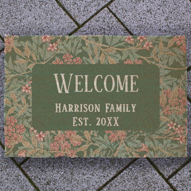 Green Floral Family Name Established Welcome Coir Fiber Doormat (Creator Uploaded)