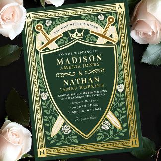 Green Floral Fantasy Sword Shield Monogram Wedding Foil Invitation