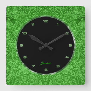 Green Floral Faux Leather Embossed Look Square Wall Clock