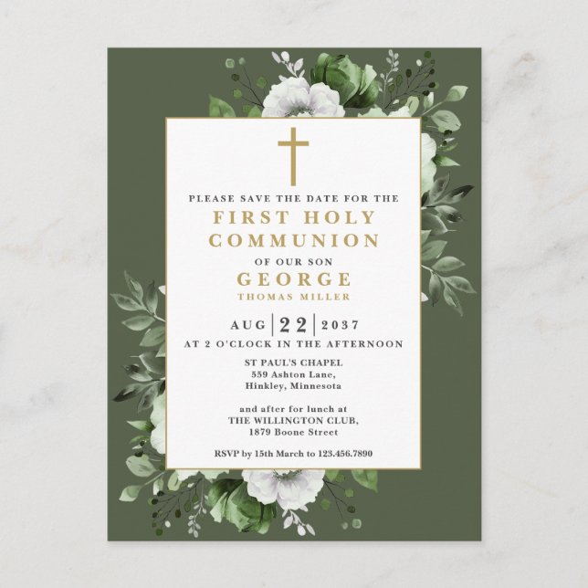 Green Floral First Holy Communion Save The Date Postcard (Front)