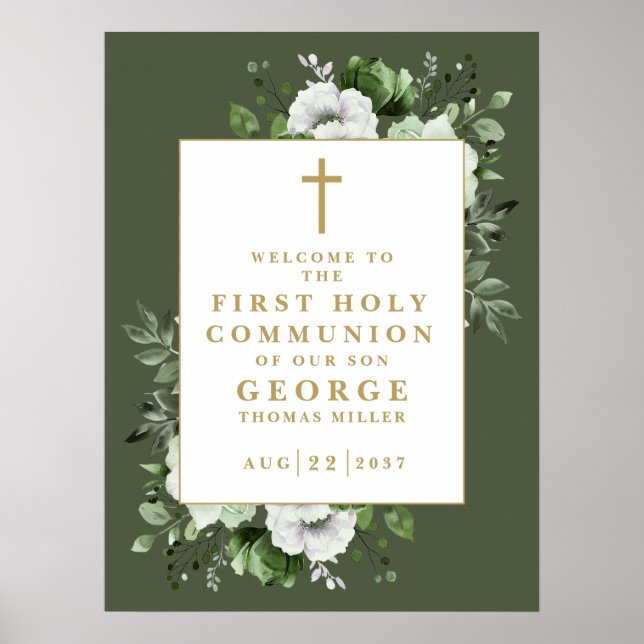 Green Floral First Holy Communion Welcome Sign (Front)