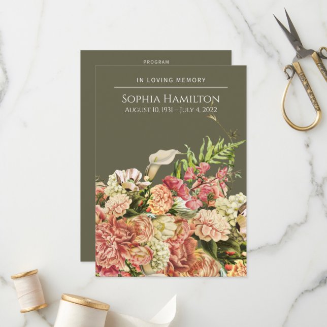 Green Floral Funeral Memorial Program (Front/Back In Situ)