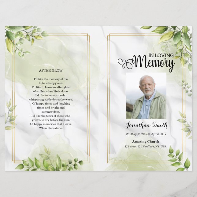 Green floral Funeral Program template (Front)