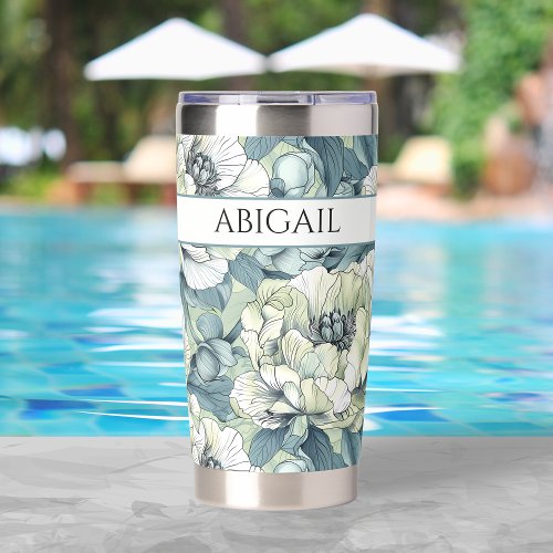 Green Floral Garden Custom Name Coffee Lover Gift Insulated Tumbler