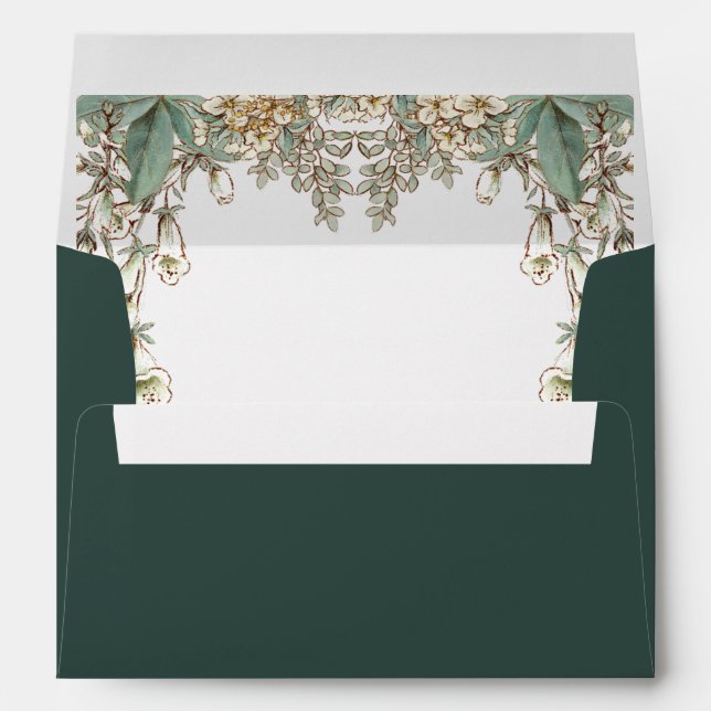 Green Floral Garland Script Elegant Wedding Envelope (Back (Bottom))