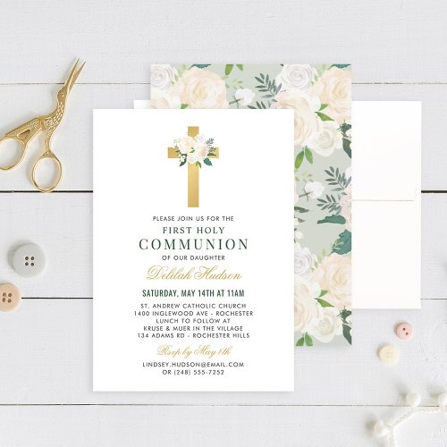 Green Floral Gold Cross First Holy Communion Invitation