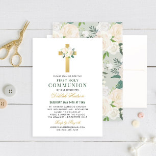 Green Floral Gold Cross Girl First Communion Invitation