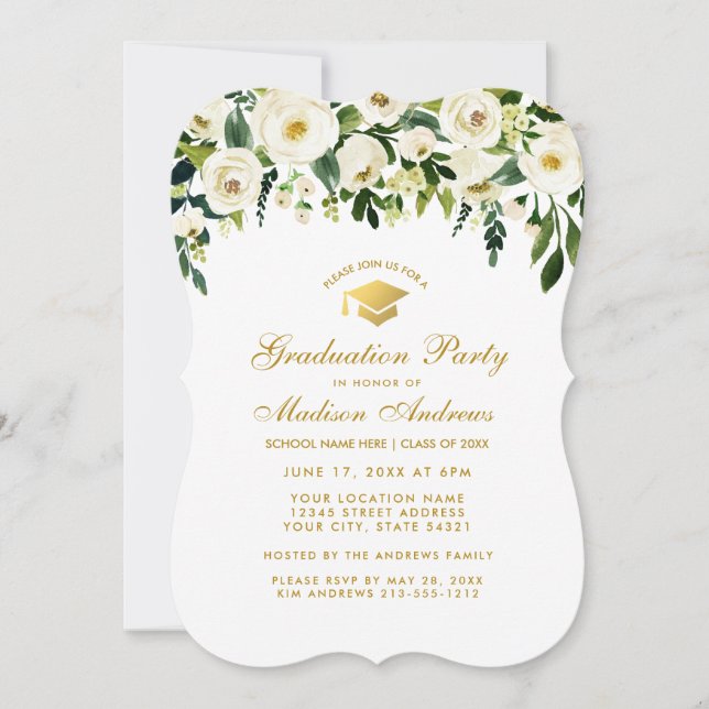 Green Floral Gold Graduation Party Invite (Front)