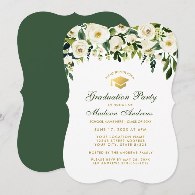 Green Floral Gold Graduation Party Invite GB (Front/Back)