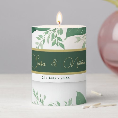 Green Floral Gold Newlyweds Wedding Pillar Candle
