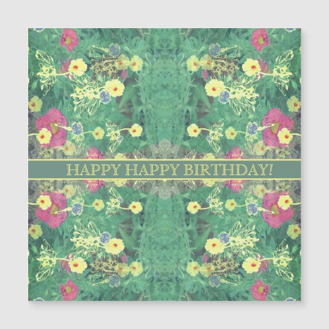 Green Floral "Happy Birthday!" Magnetic Card (Front)