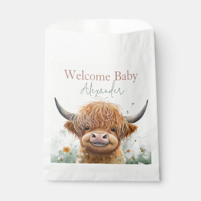 Green floral Highland cow baby shower favor bags (Front)