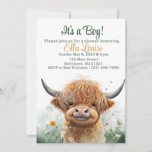 Green floral Highland cow baby shower invitation 