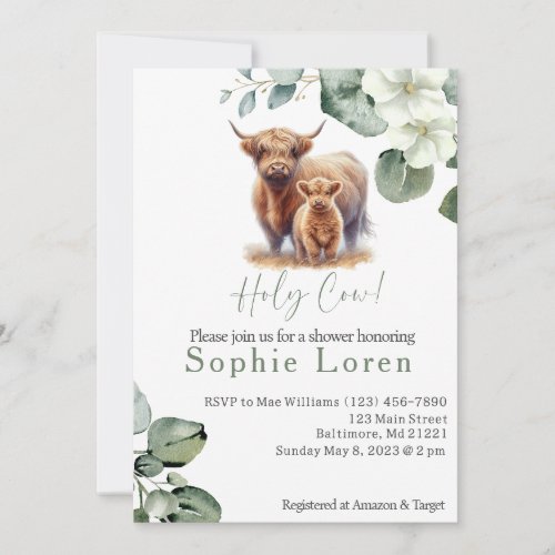 Green floral Highland cow baby shower Invitation