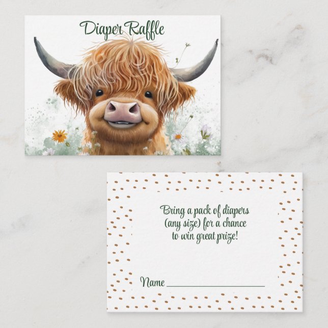 Green floral Highland cow Diaper Raffle  Enclosure Card (Front/Back)