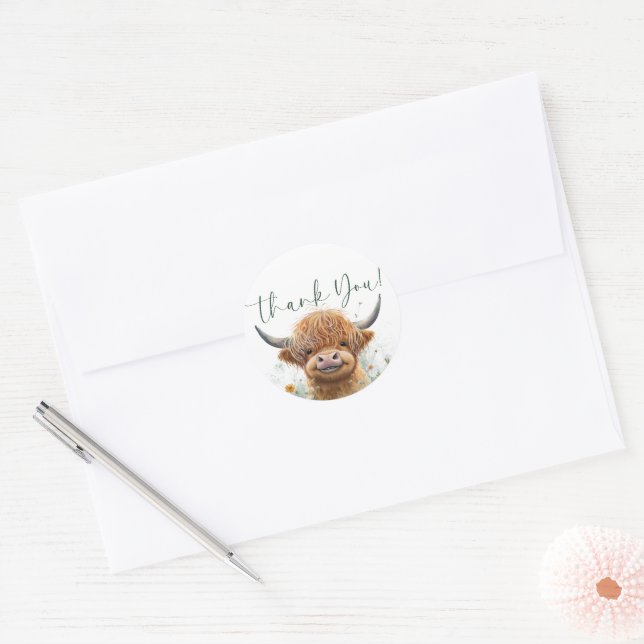 Green floral Highland cow it's a boy Classic Round Sticker (Envelope)