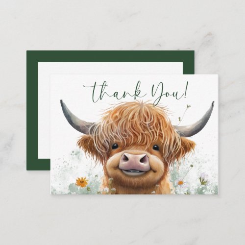 Green floral Highland Cow thank you card