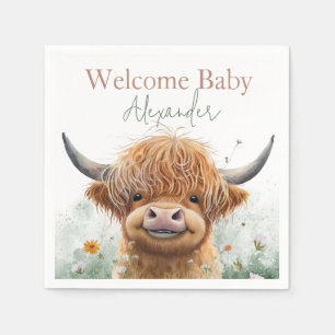 Green floral Highland cow welcome baby napkins