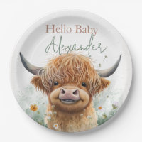 Green floral Highland cow welcome baby plates