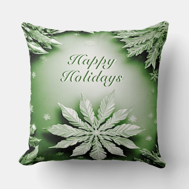 Green Floral Holiday Christmas Throw Pillow (Front)