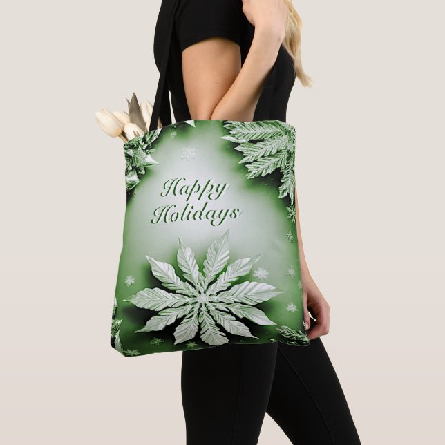 Green Floral Holiday Christmas Tote Bag (Close Up)