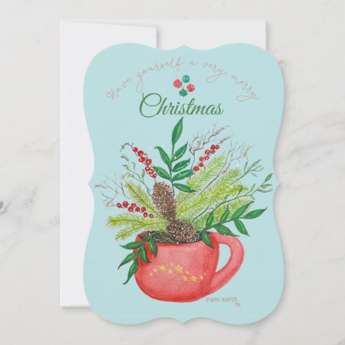 Green Floral in Red Cup Christmas Watercolor Card