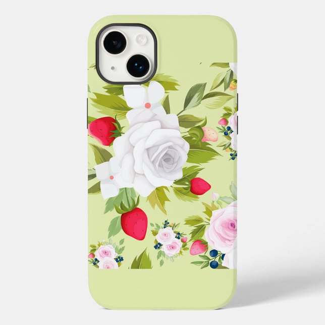 Green Floral iPhone Case (Seamless pattern with flowers, strawberries and blueberries on a light green background.)
