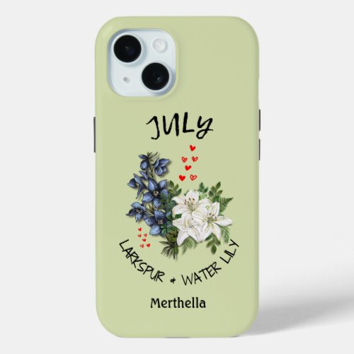 Green Floral JULY Birth Month Flower Custom Name iPhone 15 Case