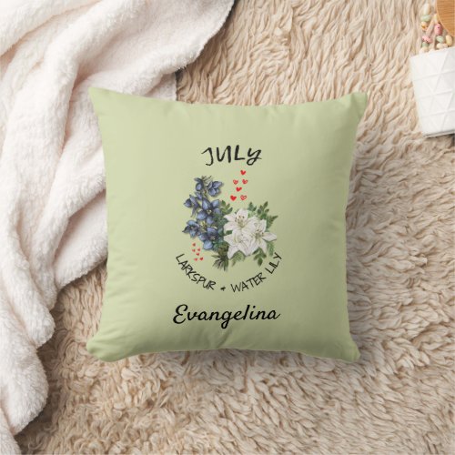 Green Floral JULY Birth Month Flower Custom Name Throw Pillow