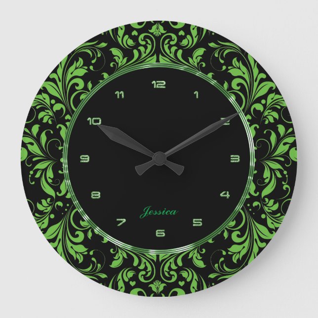 Green Floral Lace Over Black Background Large Clock (Front)