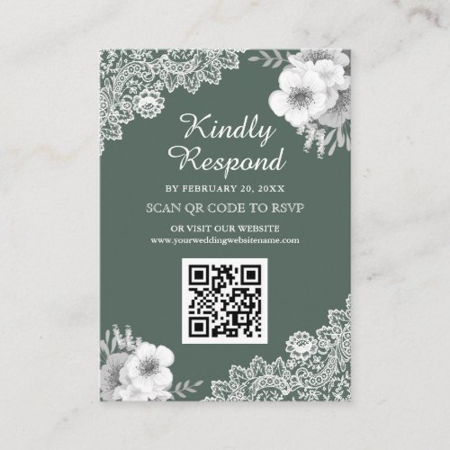 Green Floral Lace QR Code RSVP Wedding Website Enclosure Card