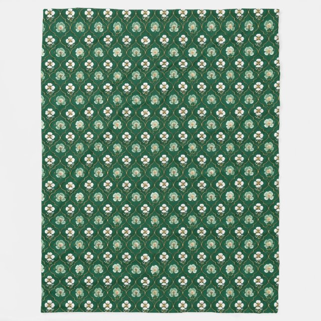 Green Floral Lattice Pattern Fleece Blanket (Front)